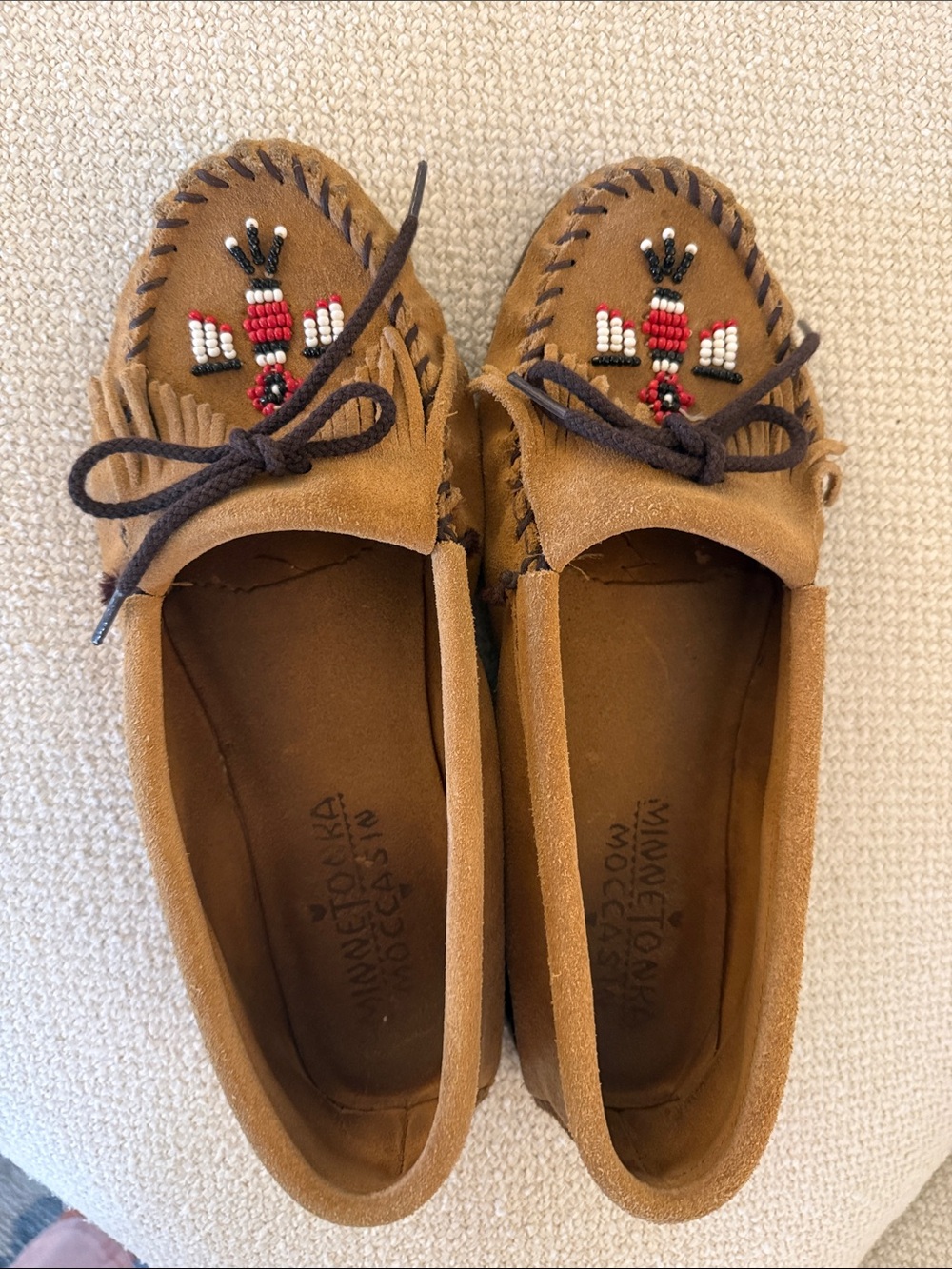 Minnetonka Tan Beaded Suede Moccasin Flats